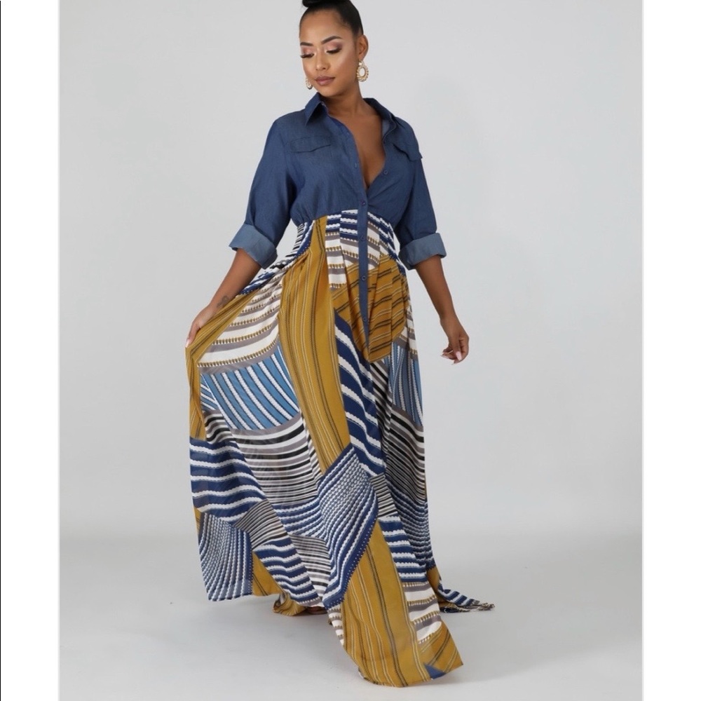 Denim & Chiffon Button Down Maxi Dress